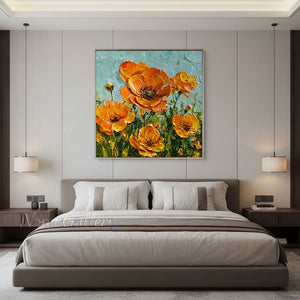 Handmade Impressionist Orange California Poppy Impasto Canvas Art #TC044