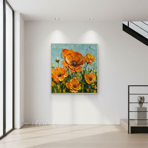Handmade Impressionist Orange California Poppy Impasto Canvas Art #TC044