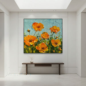 Handmade Impressionist Orange Poppy Impasto Floral Canvas Art #TC045