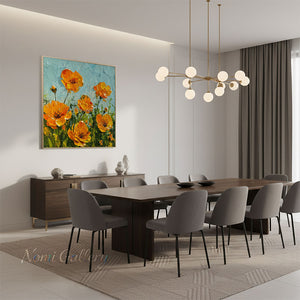 Premium handmade impressionist oil painting featuring vibrant orange California poppies against a sky-blue backdrop, crafted with heavy 3D palette knife impasto texture.