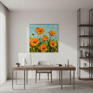 Handmade Impressionist Orange Poppy Impasto Floral Canvas Art #TC045