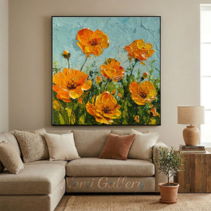 Handmade Impressionist Orange Poppy Impasto Floral Canvas Art #TC045
