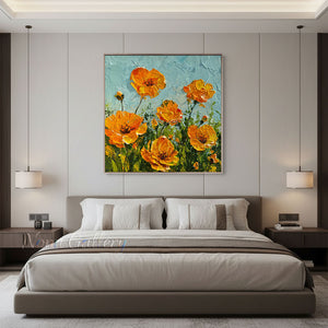 Handmade Impressionist Orange Poppy Impasto Floral Canvas Art #TC045