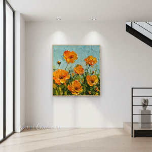 Handmade Impressionist Orange Poppy Impasto Floral Canvas Art #TC045