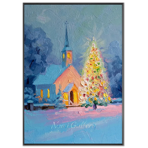 Winter Church & Christmas Tree Oil Painting #NM540