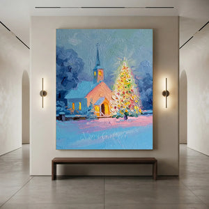 Winter Church & Christmas Tree Oil Painting #NM540