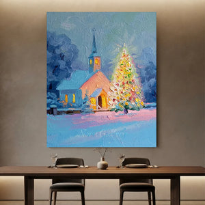 Winter Church & Christmas Tree Oil Painting #NM540