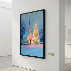 Winter Church & Christmas Tree Oil Painting #NM540
