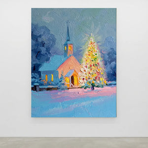 Winter Church & Christmas Tree Oil Painting #NM540