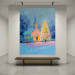 Winter Church & Christmas Tree Oil Painting #NM540