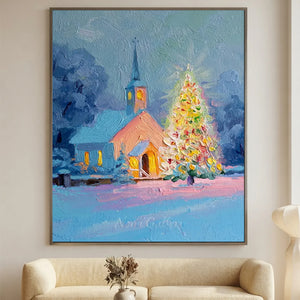 Winter Church & Christmas Tree Oil Painting #NM540