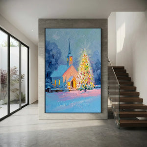 Winter Church & Christmas Tree Oil Painting #NM540