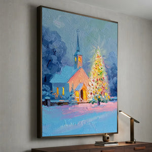 Winter Church & Christmas Tree Oil Painting #NM540