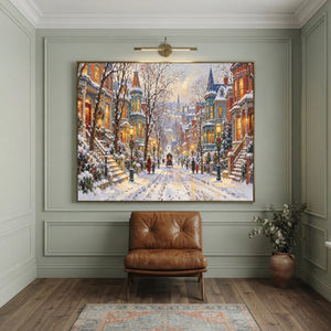 Festive Snowy City Street Oil Painting #NM509