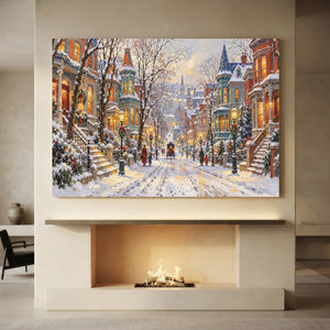 Festive Snowy City Street Oil Painting #NM509