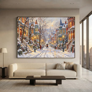 Festive Snowy City Street Oil Painting #NM509