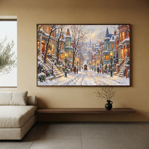 Festive Snowy City Street Oil Painting #NM509