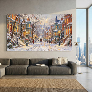 Festive Snowy City Street Oil Painting #NM509