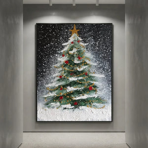 Textured Christmas Tree Oil Painting, Snowy & Gold Accents #NM541