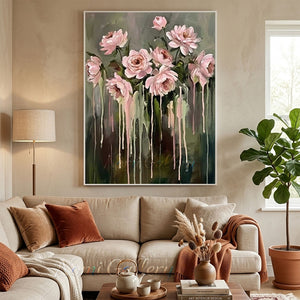 Handmade Modern Impressionist Pink Floral Drip Canvas Art #TC031