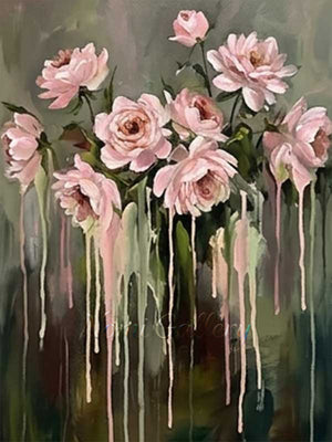 Handmade modern impressionist oil painting showcasing a bouquet of pink blooming roses with stylized vertical streaks of pink and green paint dripping down against a distressed dark forest green background.  