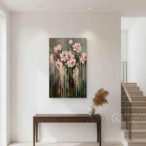 Handmade Modern Impressionist Pink Floral Drip Canvas Art #TC031