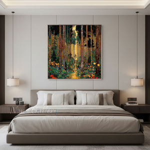 Premium handmade Art Nouveau oil painting featuring tall dark trees and a vibrant multicolored floral path with shimmering gold accents.