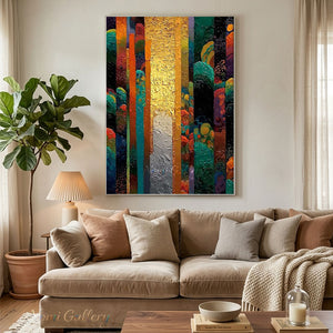 A 100% handmade abstract modern oil painting featuring vertical stripes of various colors, with a heavily textured, prominent metallic gold center stripe flanked by dark green, blue, and red brushstrokes.