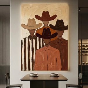 Handcrafted abstract cowboy group oil painting with rich brown textures hanging in a modern living room or rustic office