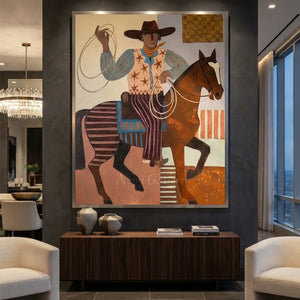 Handcrafted folk cowboy with lasso oil painting with rich brown textures hanging in a modern living room or rustic study