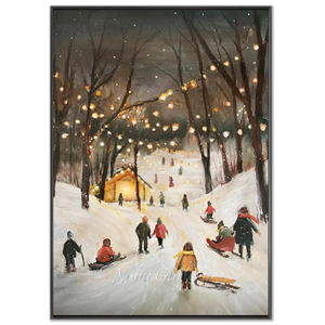 Cozy Winter Sledding Night Oil Painting #NM544