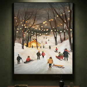 Cozy Winter Sledding Night Oil Painting #NM544