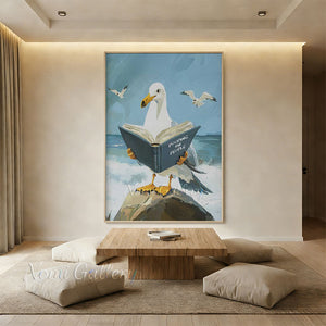 Humorous Seagull Reading Book Pop Art Oil Painting #SS267