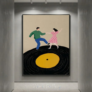 Dancing Couple Vinyl Record Oil Painting Retro Canvas Art #AA003