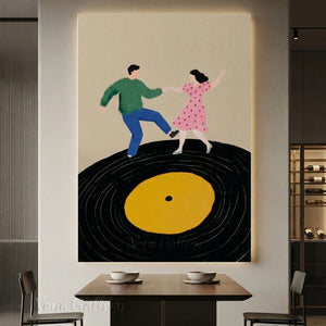 A hand-painted retro oil painting depicting a romantic couple dancing on a large black vinyl record with a yellow center, hung above a bed in a modern luxury bedroom.