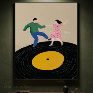 Dancing Couple Vinyl Record Oil Painting Retro Canvas Art #AA003