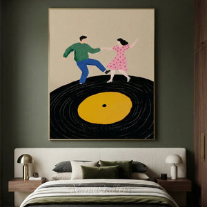 Dancing Couple Vinyl Record Oil Painting Retro Canvas Art #AA003