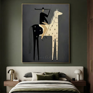 Handcrafted dark folk western oil painting featuring a mysterious rider on a horse against a moody black and white textured background
