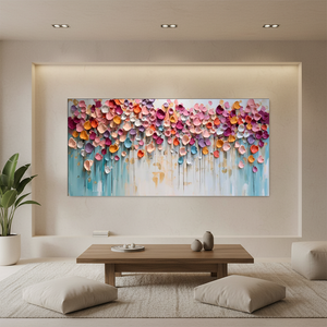 Vibrant hand-painted 3D abstract wall art featuring multicolored sculpted petals cascading down a teal and white background, displayed on a modern staircase gallery wall.
