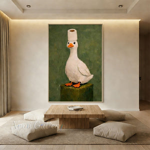 Handmade Humorous White Duck Bathroom Decor Canvas Oil Painting #SS268