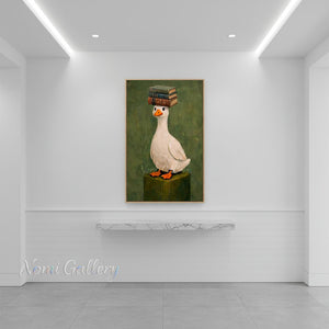 Quirky White Duck with Books Green Canvas Oil Painting #SS269