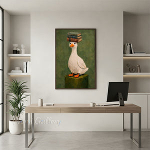 Quirky White Duck with Books Green Canvas Oil Painting #SS269