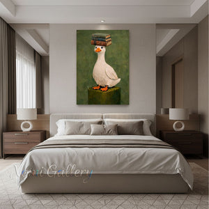 Quirky White Duck with Books Green Canvas Oil Painting #SS269