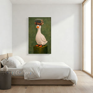 Quirky White Duck with Books Green Canvas Oil Painting #SS269