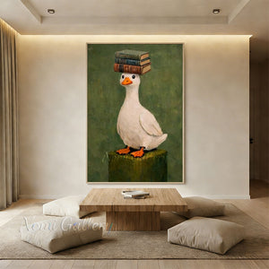 Quirky White Duck with Books Green Canvas Oil Painting #SS269