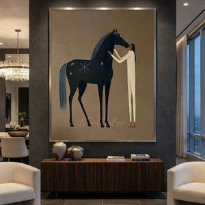 Handcrafted earth tone horse oil painting featuring a person bonding with a black horse against a textured brown background