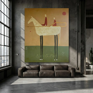 Handcrafted earth tone riders oil painting featuring two figures on a white horse against a textured brown and green background