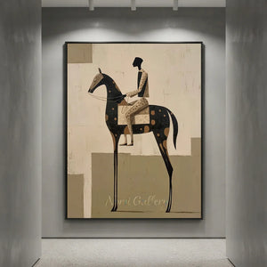 100% handmade modernism equestrian oil painting in neutral tones, displayed elegantly above a wooden dining table in a sophisticated restaurant by Nomi Gallery.