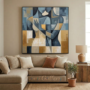 Hand-painted modern figurative abstract oil painting featuring a human figure silhouette outlined in thick charcoal black lines over a color block background of terracotta red, grey, and cream.