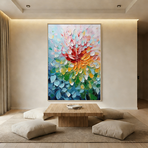 Close-up of a hand-painted 3D abstract floral oil painting with thick impasto petals in red, orange, and yellow over a teal and blue background.
